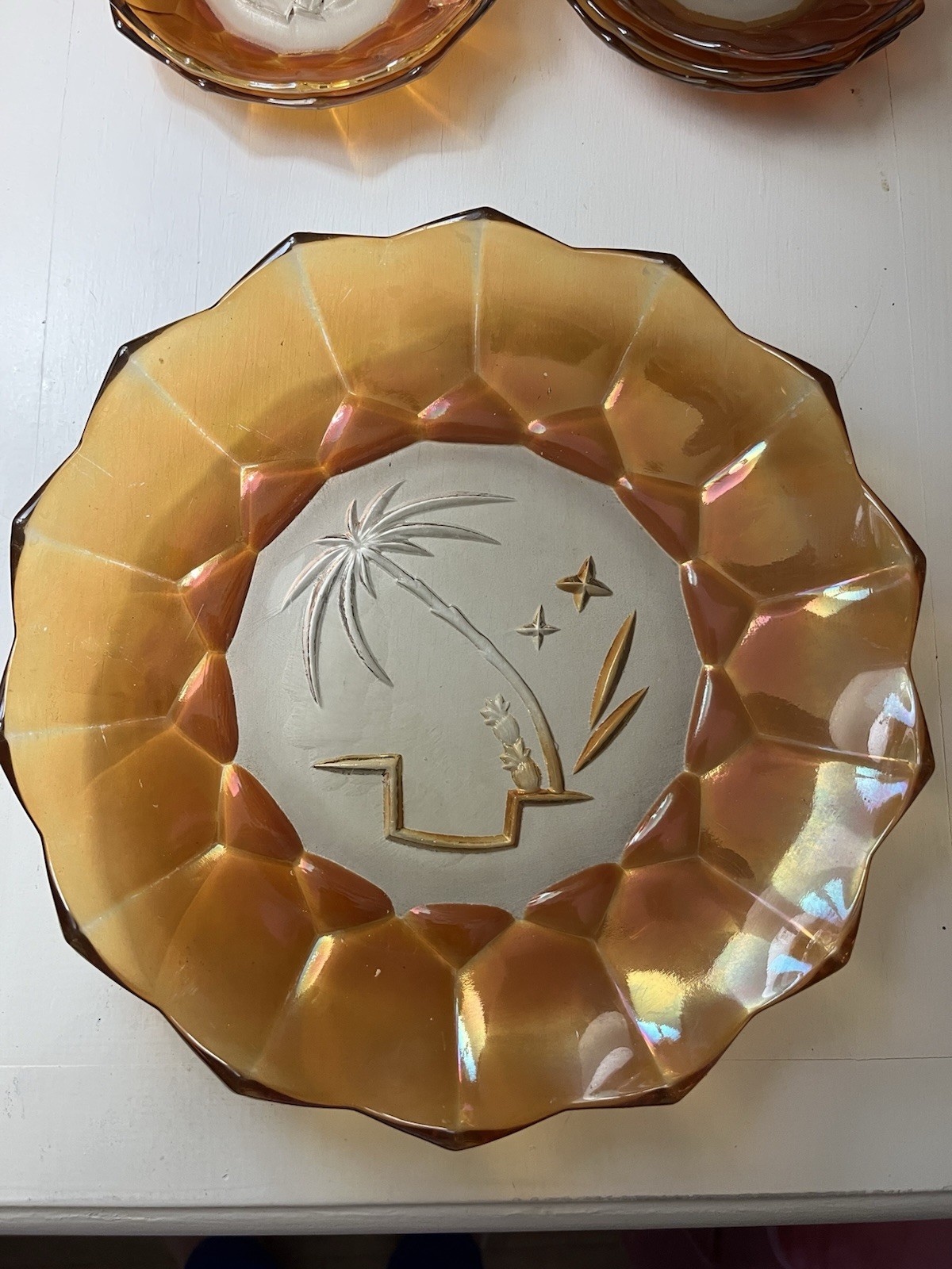 Hortensja Marigold Carnival Glass Platter& 5 Bowls Etched Palm Tree Poland 1940s