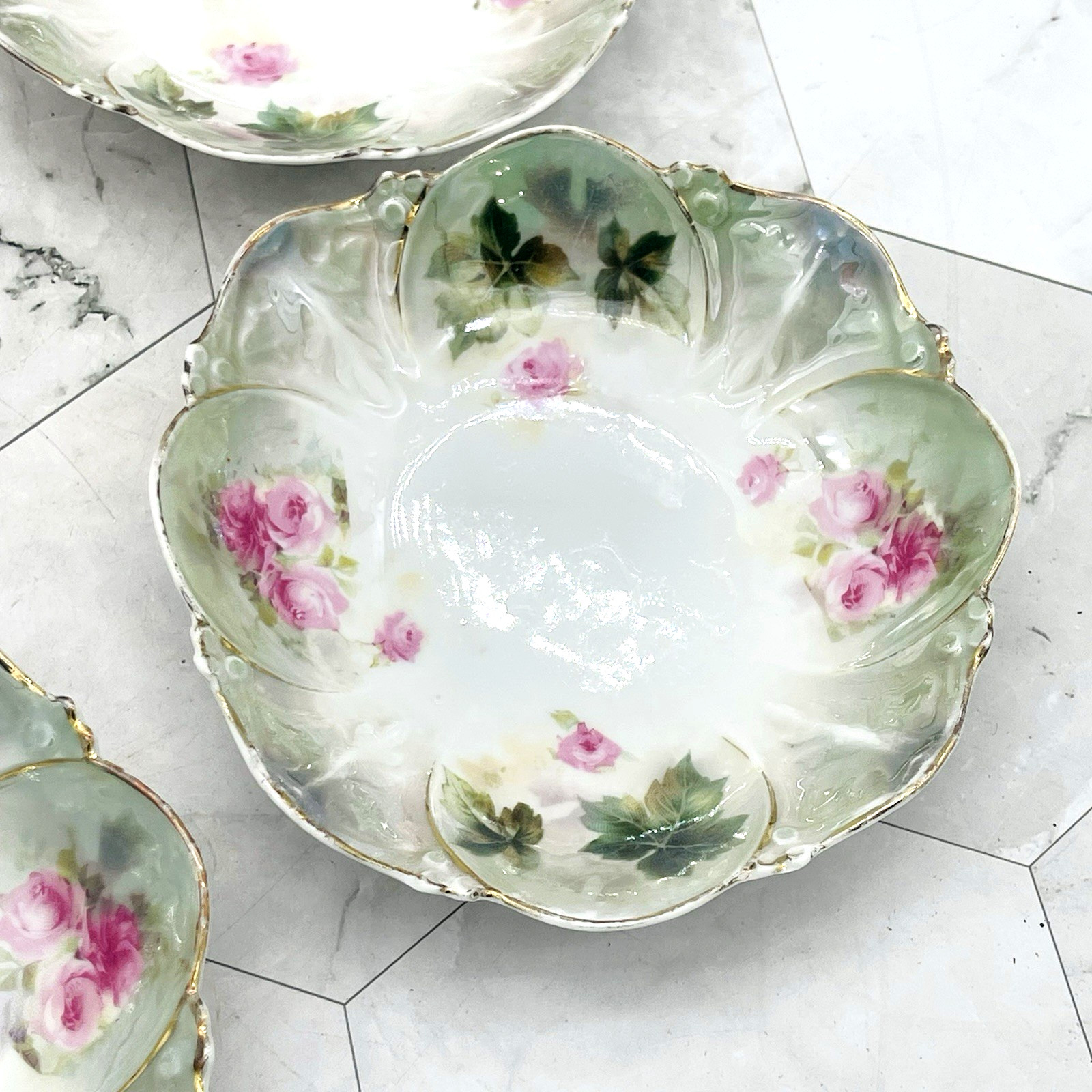 Lot of 6 Antique Signed R S Prussia Floral Berry Bowls Green Gold Rim Roses 5″