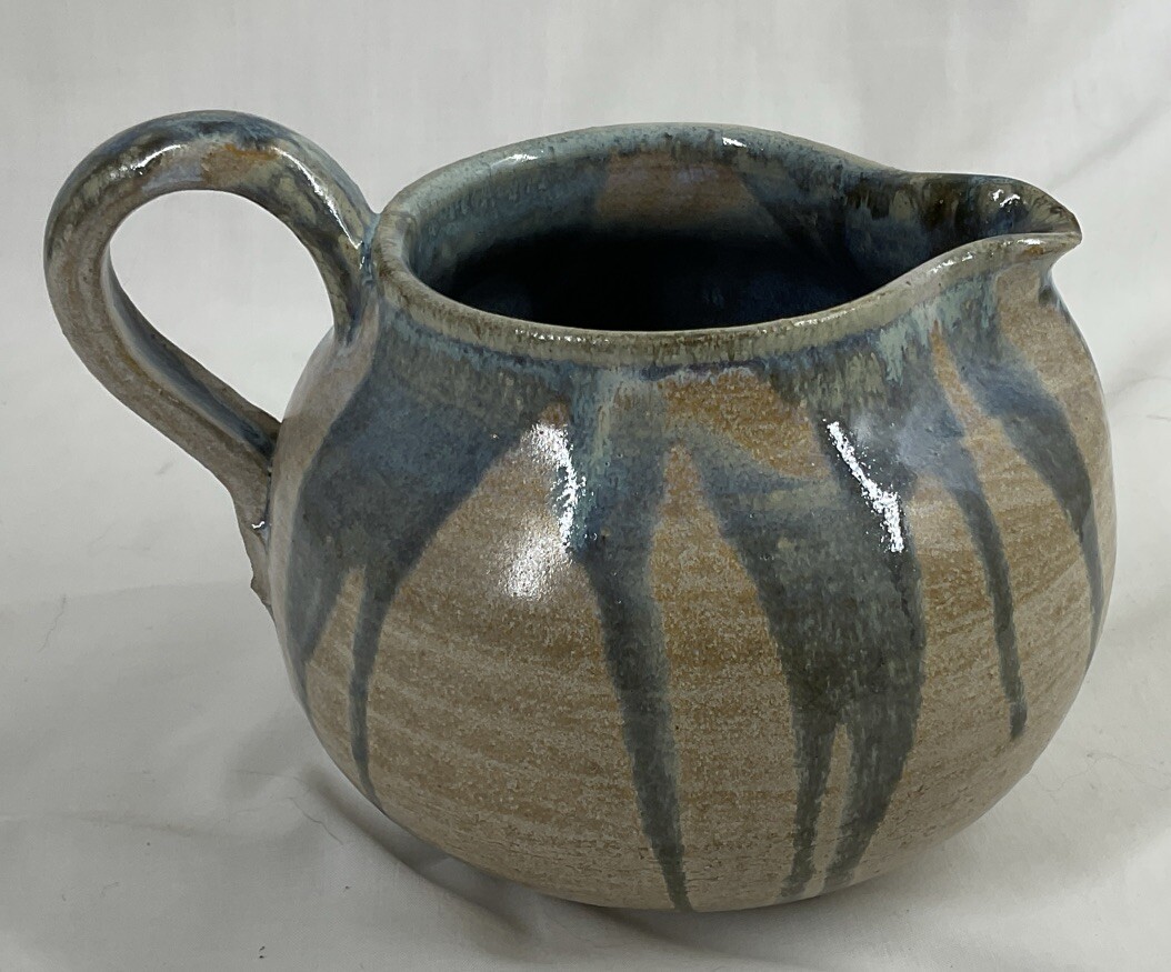 Studio Pottery Blue Tan Drip Glaze Pitcher Signed 7″ EUC