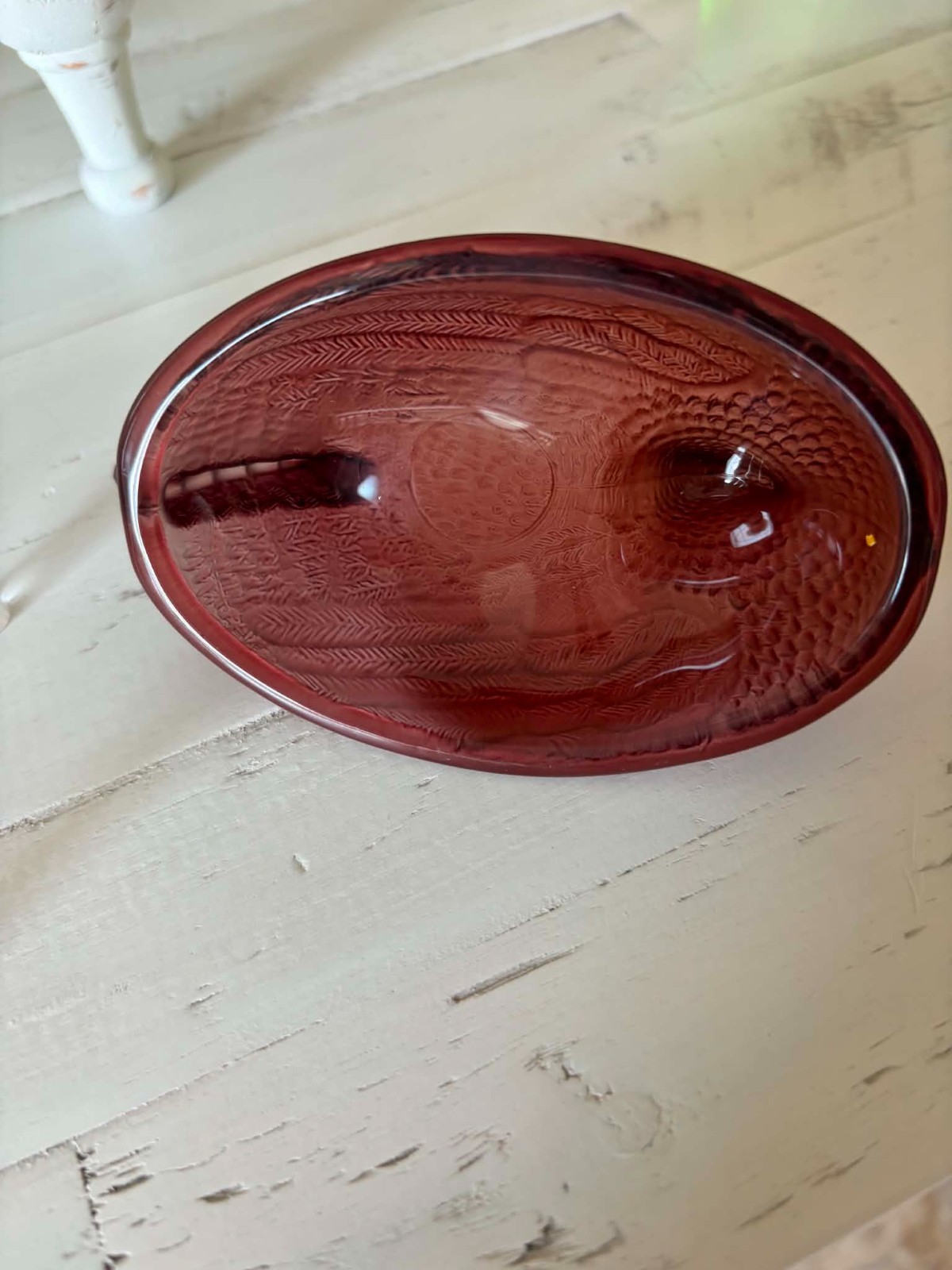 Burgandy Glass Hen on a Nest HON Covered Dish Satin Matte Pressed Glass Oval 5”