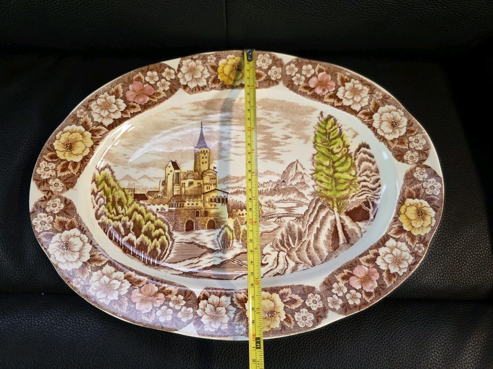 European British Castle Ceramic Platter Oval Floral Border Hillside Landscape