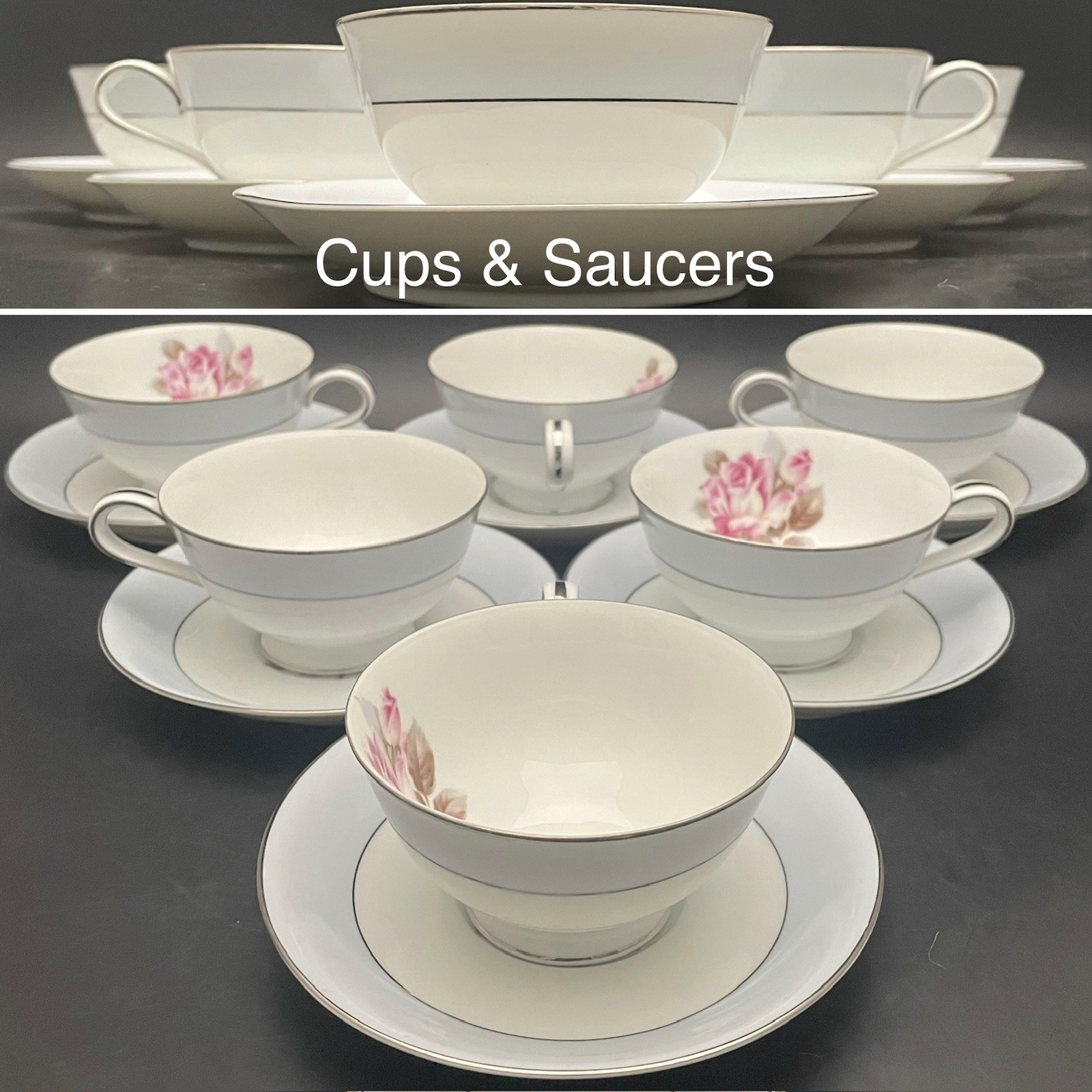 Noritake Nippon Toki Kaisha 1584 Rose Blue Platinum 46pc Dinnerware for 6 c1947