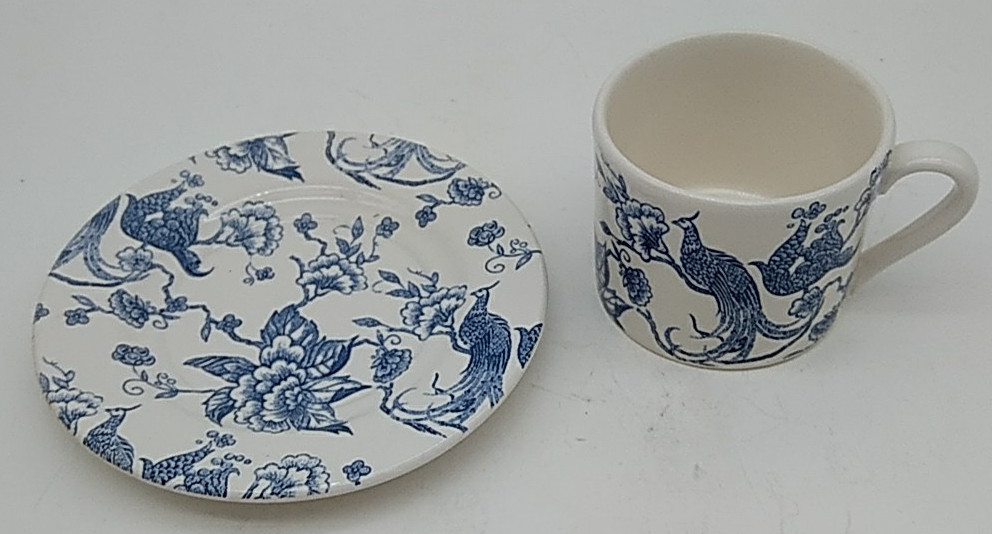 Staffordshire Engravings Cup Saucer Set BIRD OF PARADISE PEACOCK Blue White NOS!
