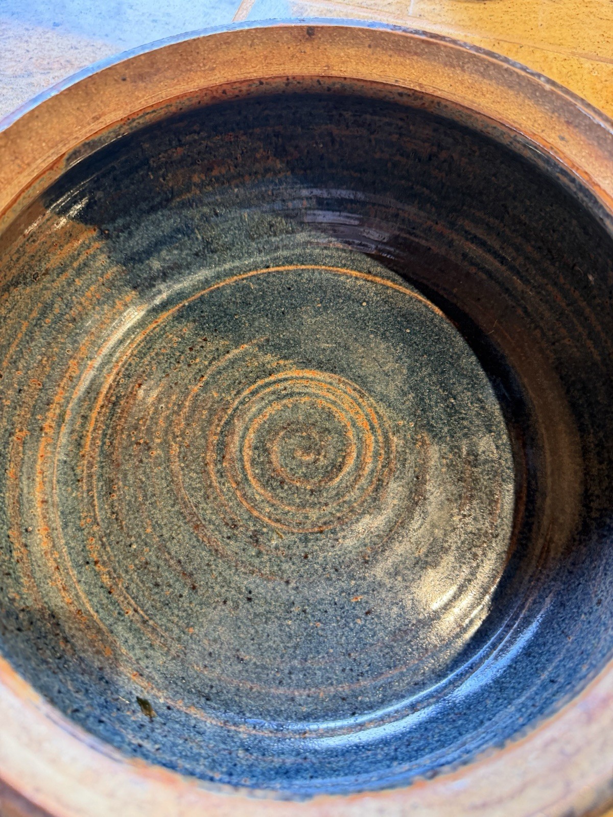Handmade Pottery Stoneware Round Lidded Casserole w/ Handles Brown Blue