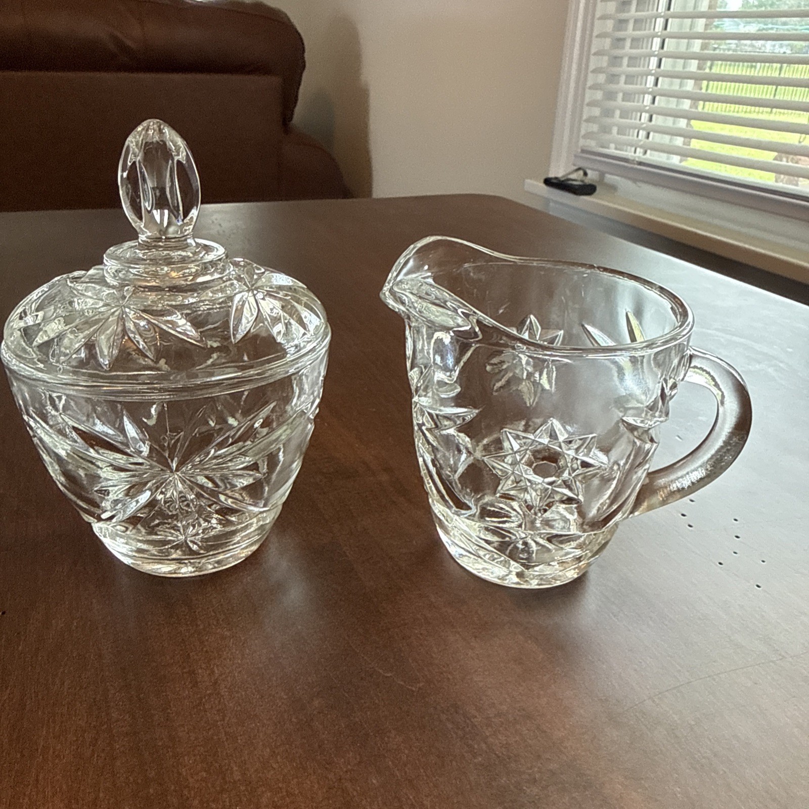 Crystal Creamer and Sugar Bowl Set & 2 small candy dishes with lids