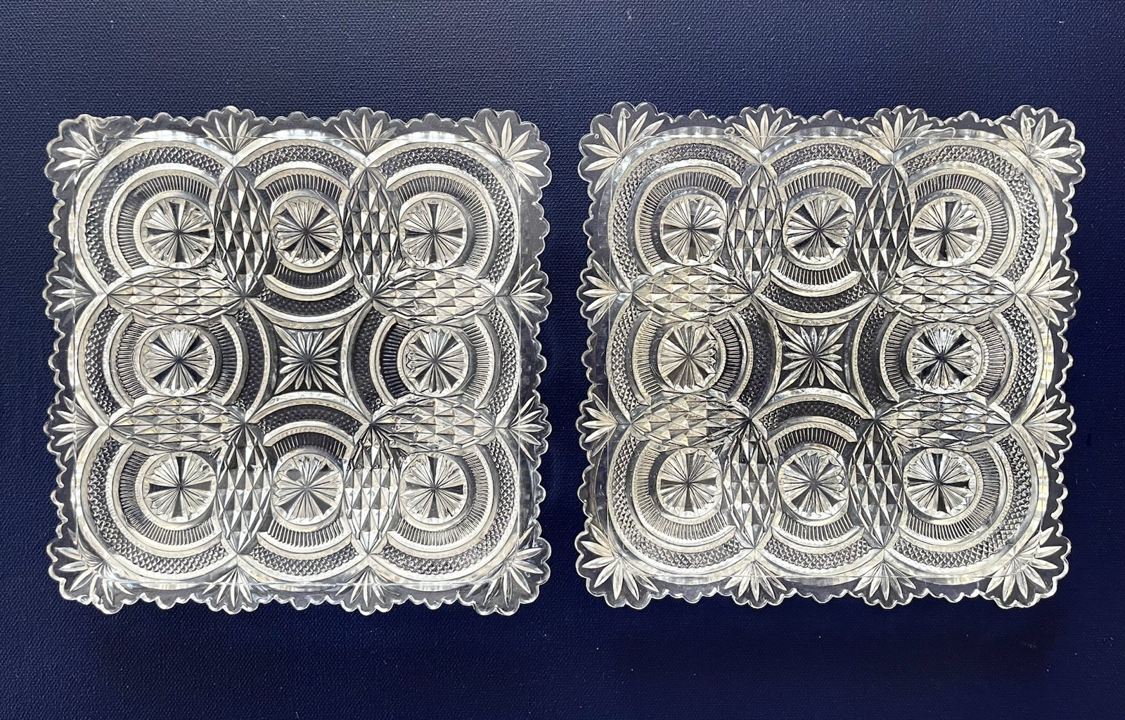 2 Antique Bryce Higbee Banquet~ Medallion Sunburst Square Clear Salad Plates