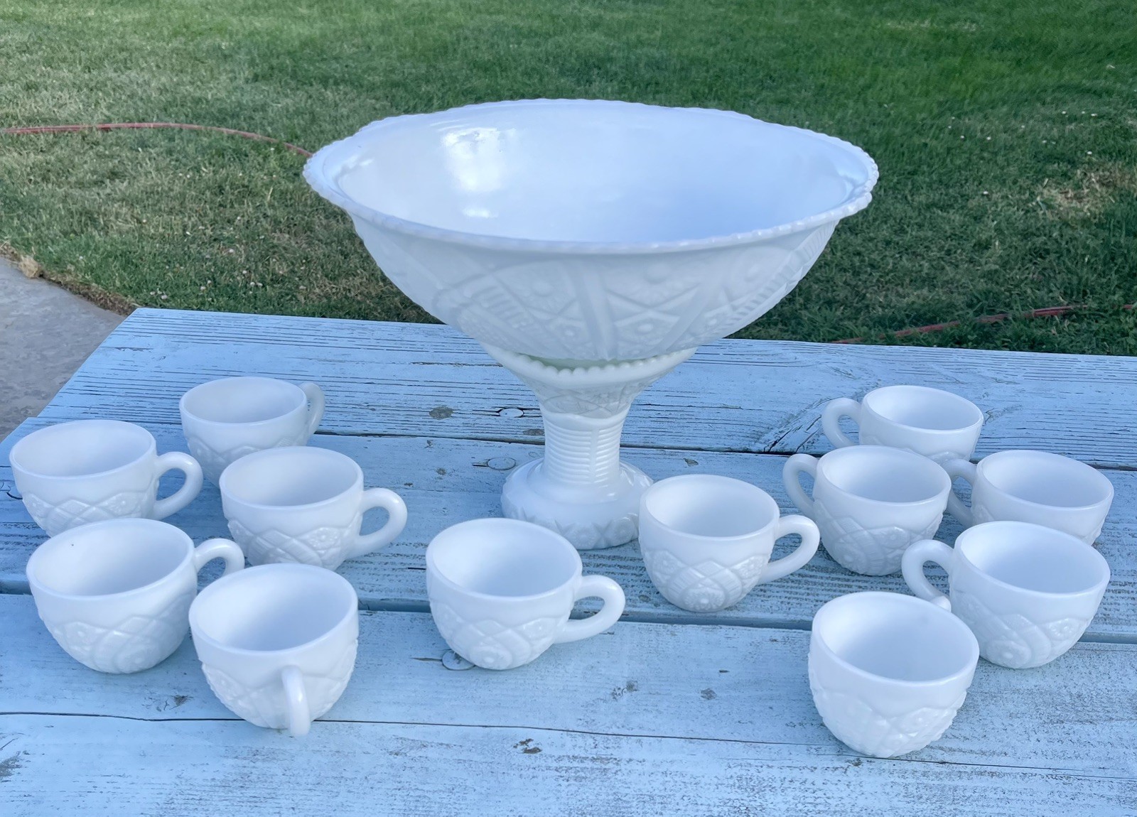 Milk Glass Pedestal Punch Bowl Set with 12 Cups Vintage McKee Concord