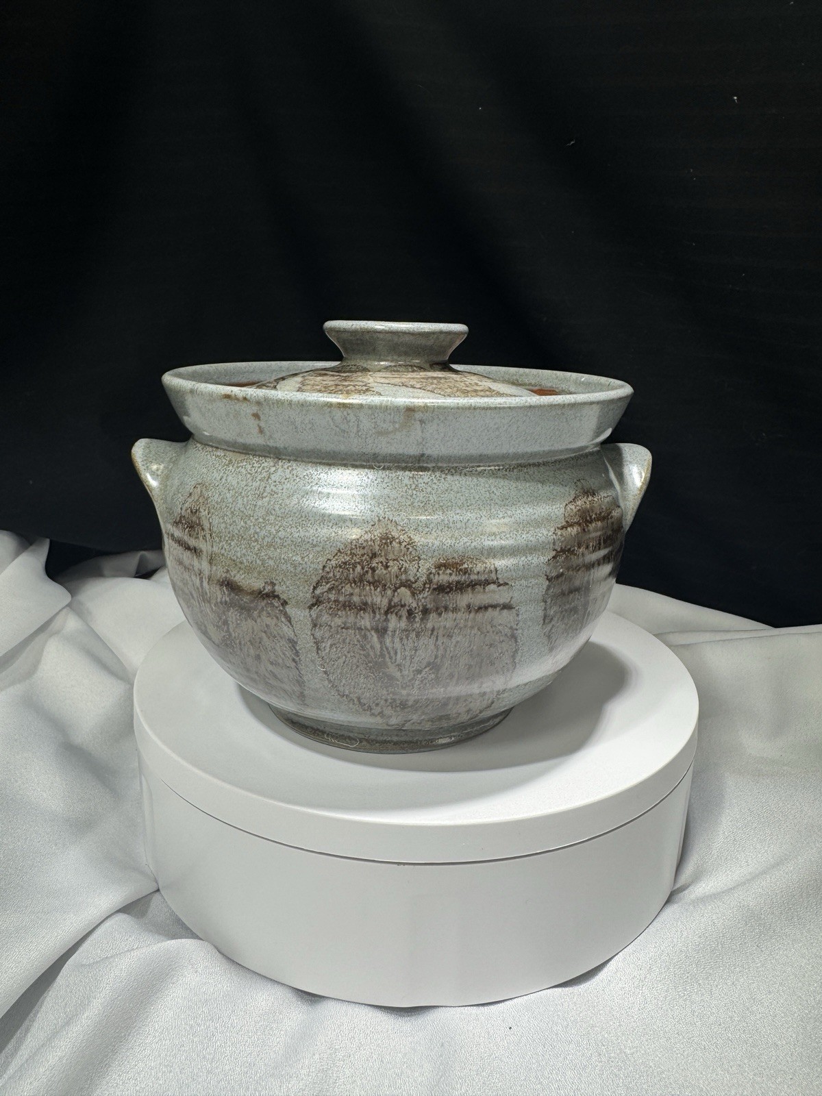 Folk Art Stoneware Stew Pot With Lid, Blue Glaze Pottery Gray Bowl Terracotta