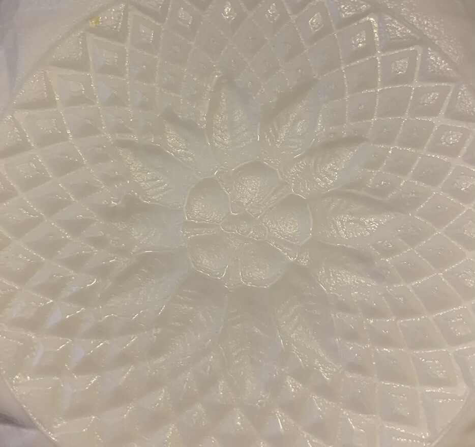 Vintage Indiana Glass Milk Glass Five Sided Bowl w/ Imprinted Daisies