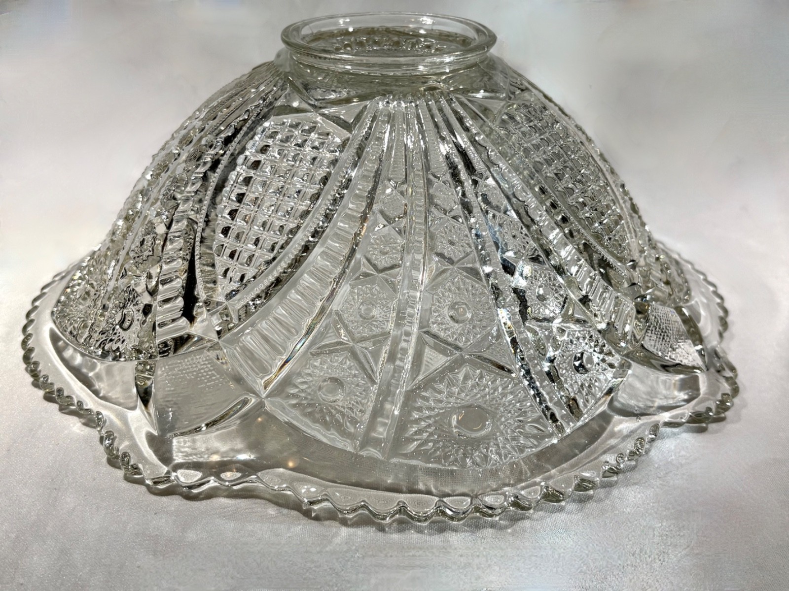 Antique Indiana Glass Paneled Daisy and Fine cut Clear Punch Bowl Base & 6 Cups