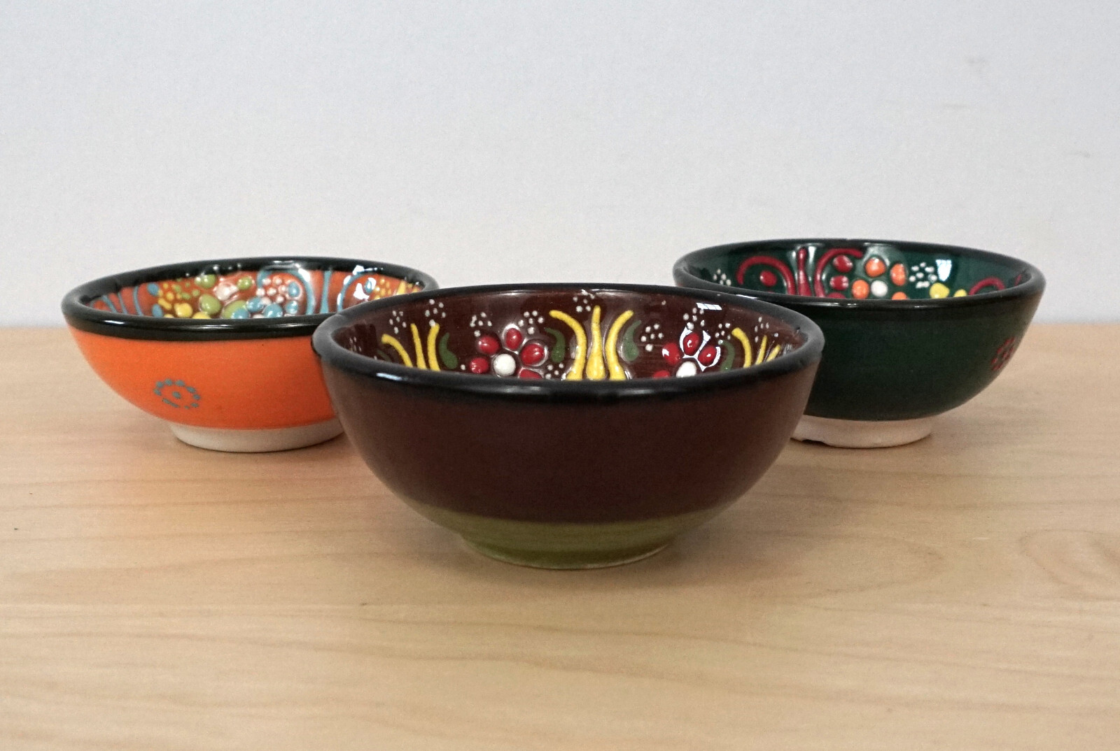 3 Small Handmade Painted Ceramic Floral Multicolor Decorative Dish Bowls