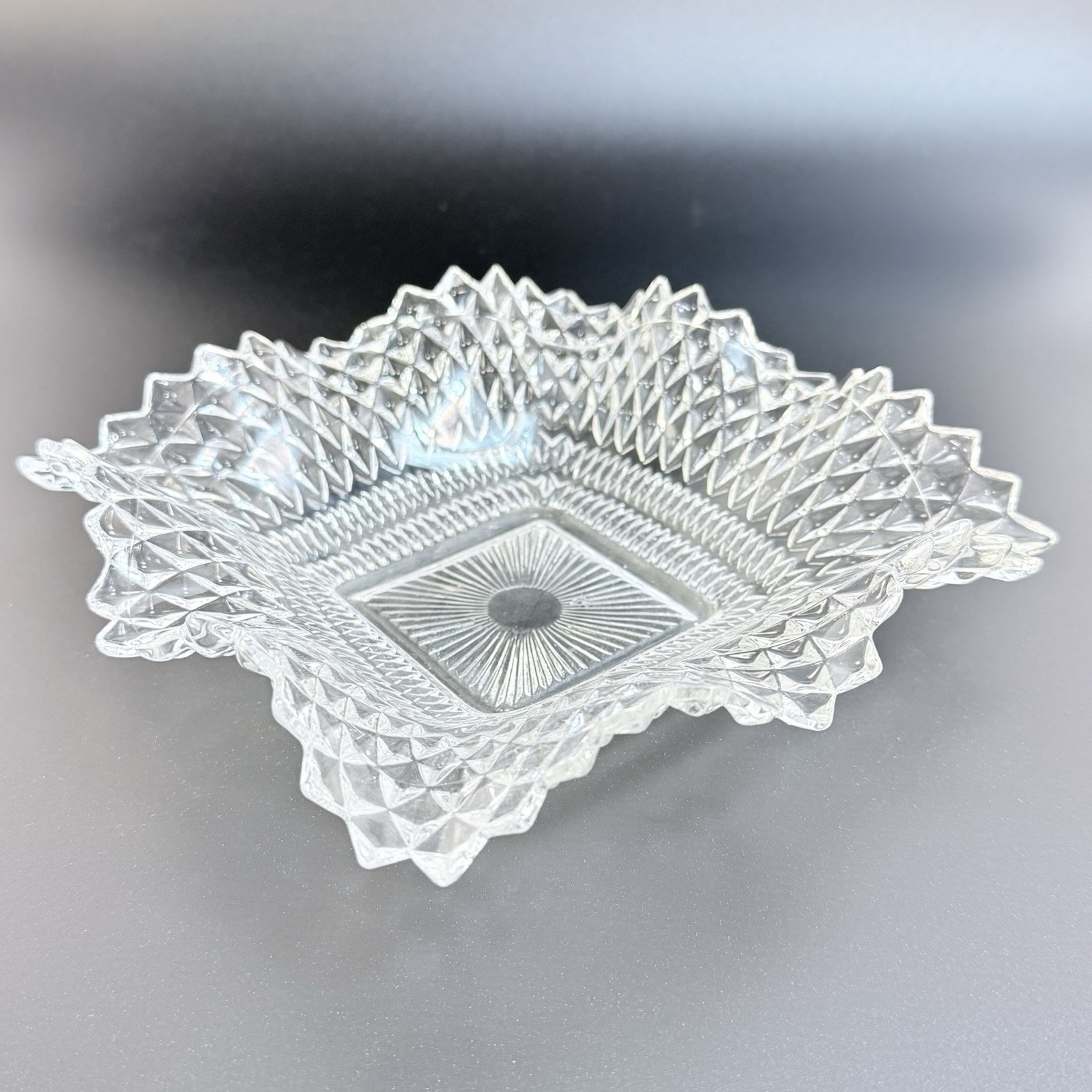 Vintage Indiana Glass Co Diamond Cut Design Square Dish Ashtray Ruffled Edges 7″