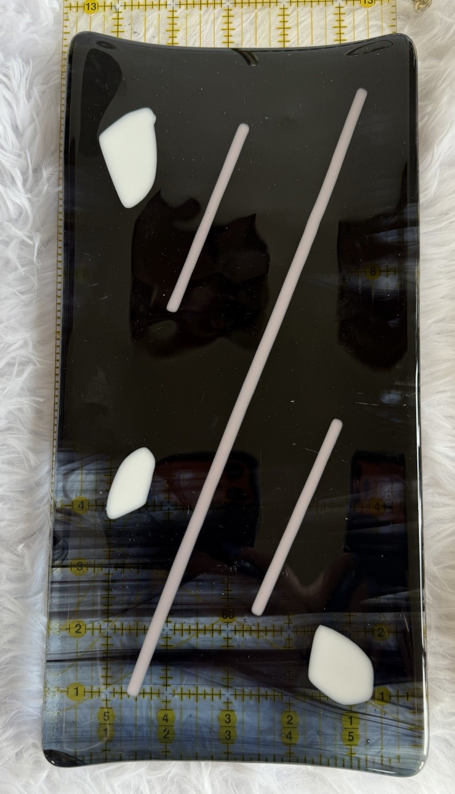 Abstract Fused Glass Rectangle Contemporary Smokey Black with White Fused 12×6”
