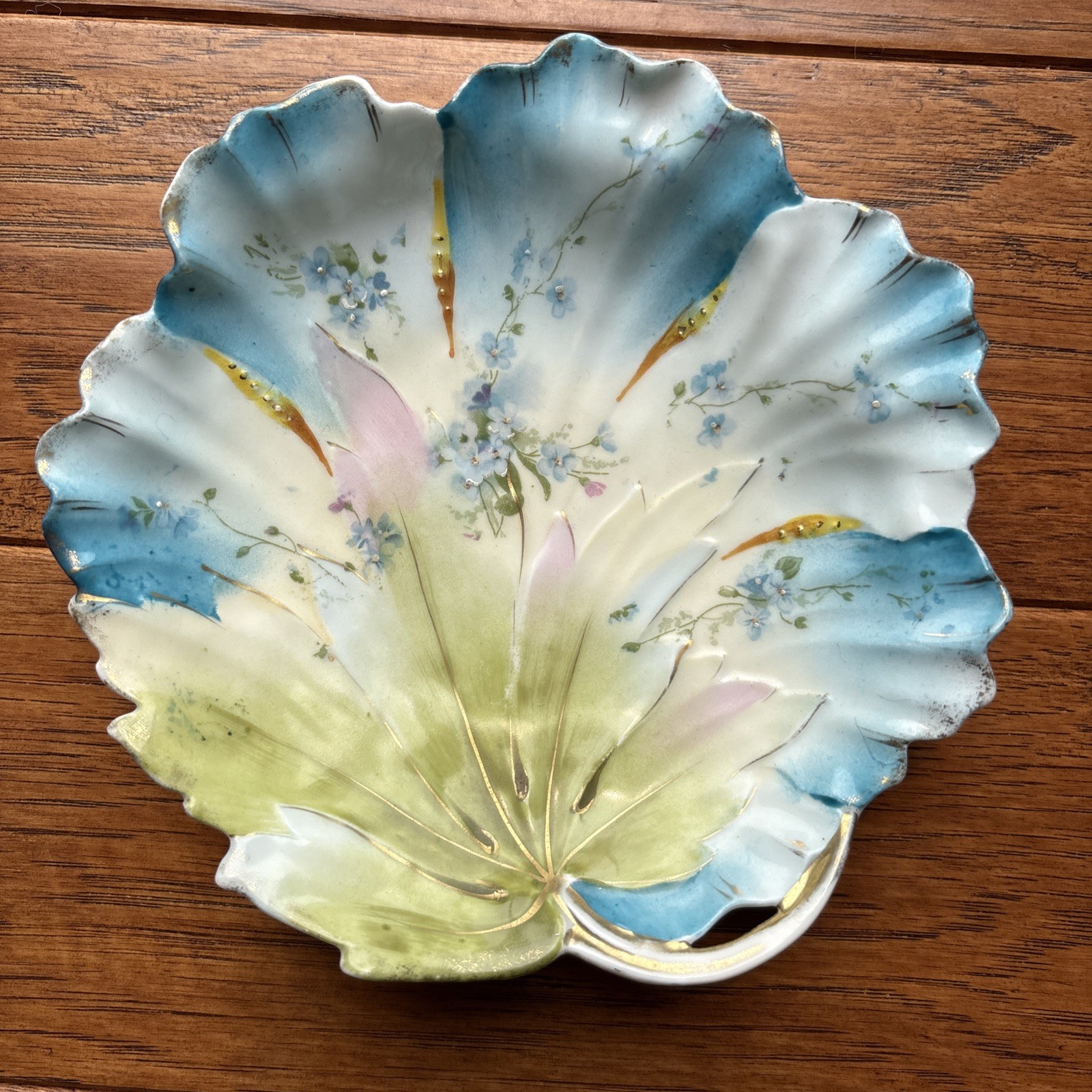 RS Prussia Leaf Serving Trinket Dish 6.5” Blue Green Hand Painted