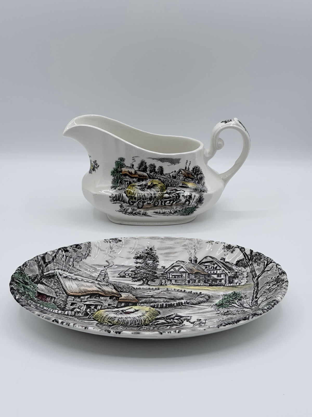 Staffordshire Ironstone Yorkshire Multicolor Gravy Boat with Underplate England