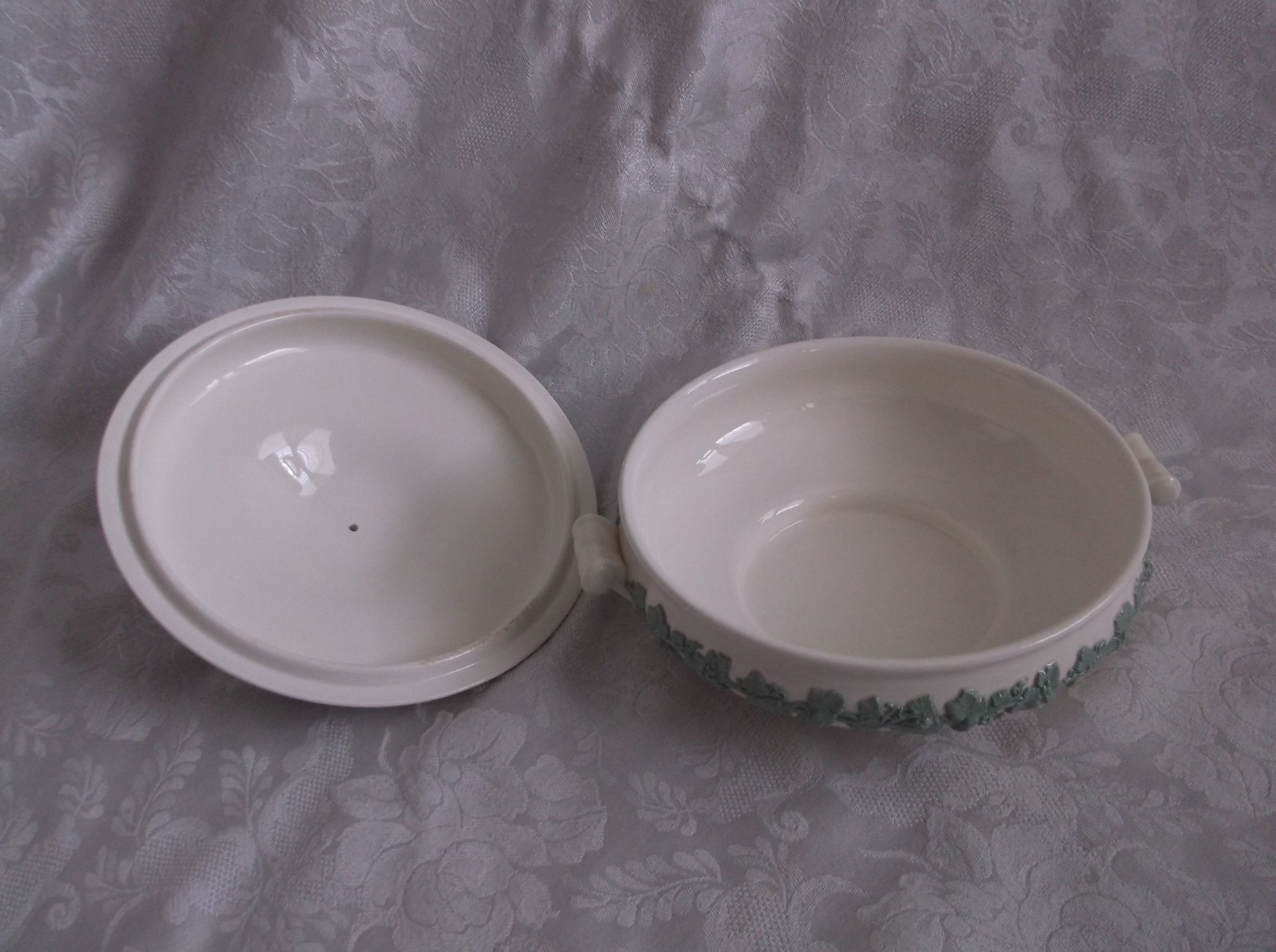 Wedgwood Embossed Queensware Celadon on Cream Covered Vegetable Bowl 8¼”