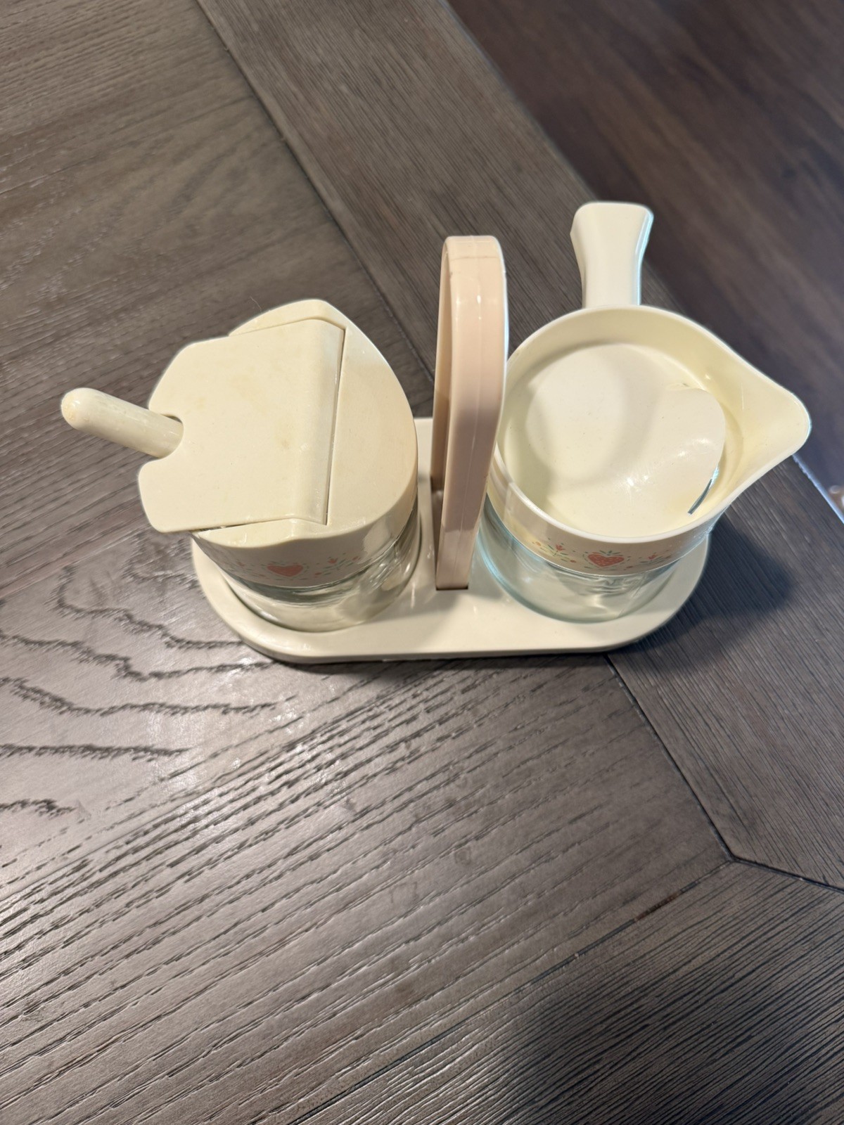 Vintage Corelle GEMCO Forever Yours Heart Condiment Jar Cream & Sugar Caddy