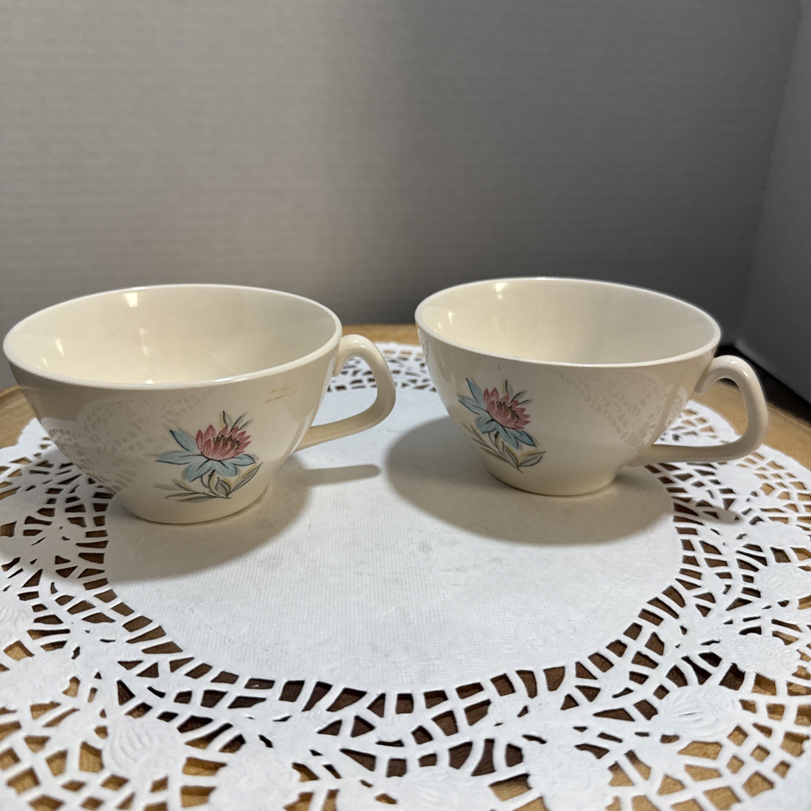 Vintage Steubenville Fairlane Teacups Set of 2 MCM Blue Floral USA Pottery
