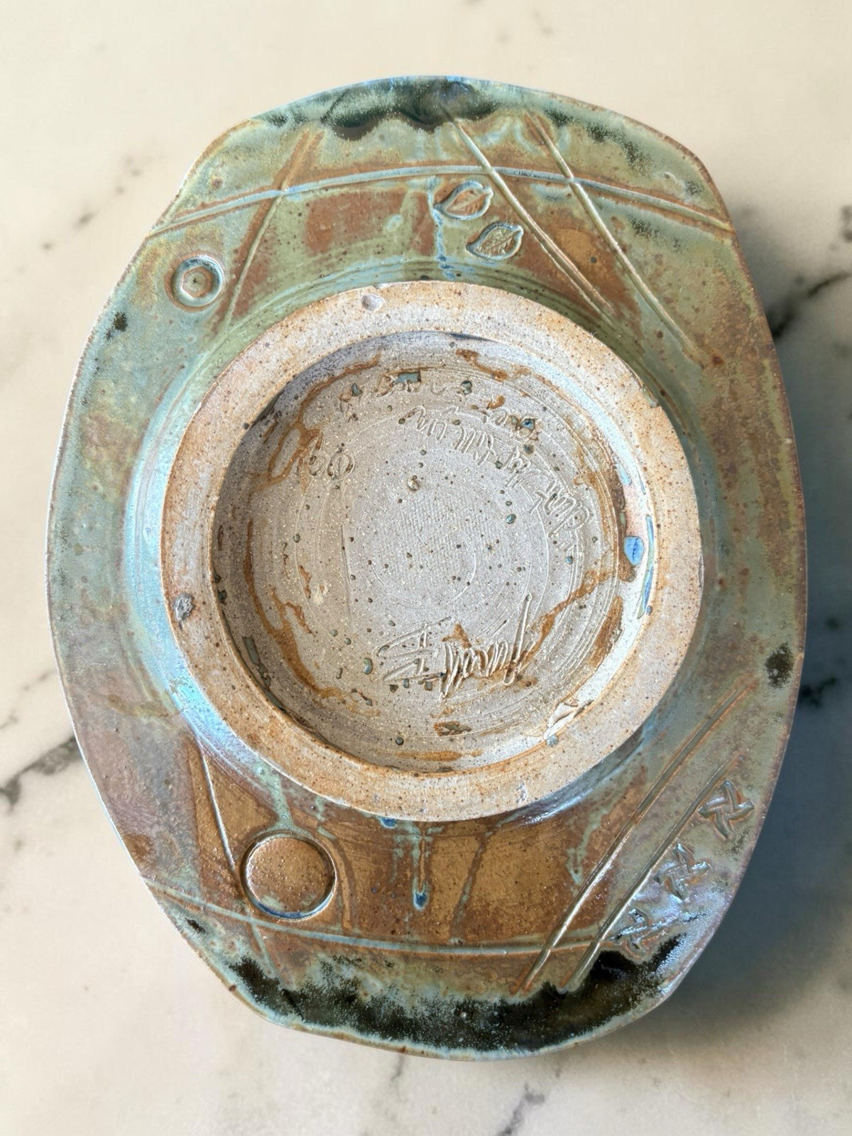 Studio Art Pottery Platter / Tray With Botanical Motifs, Incised And Signed