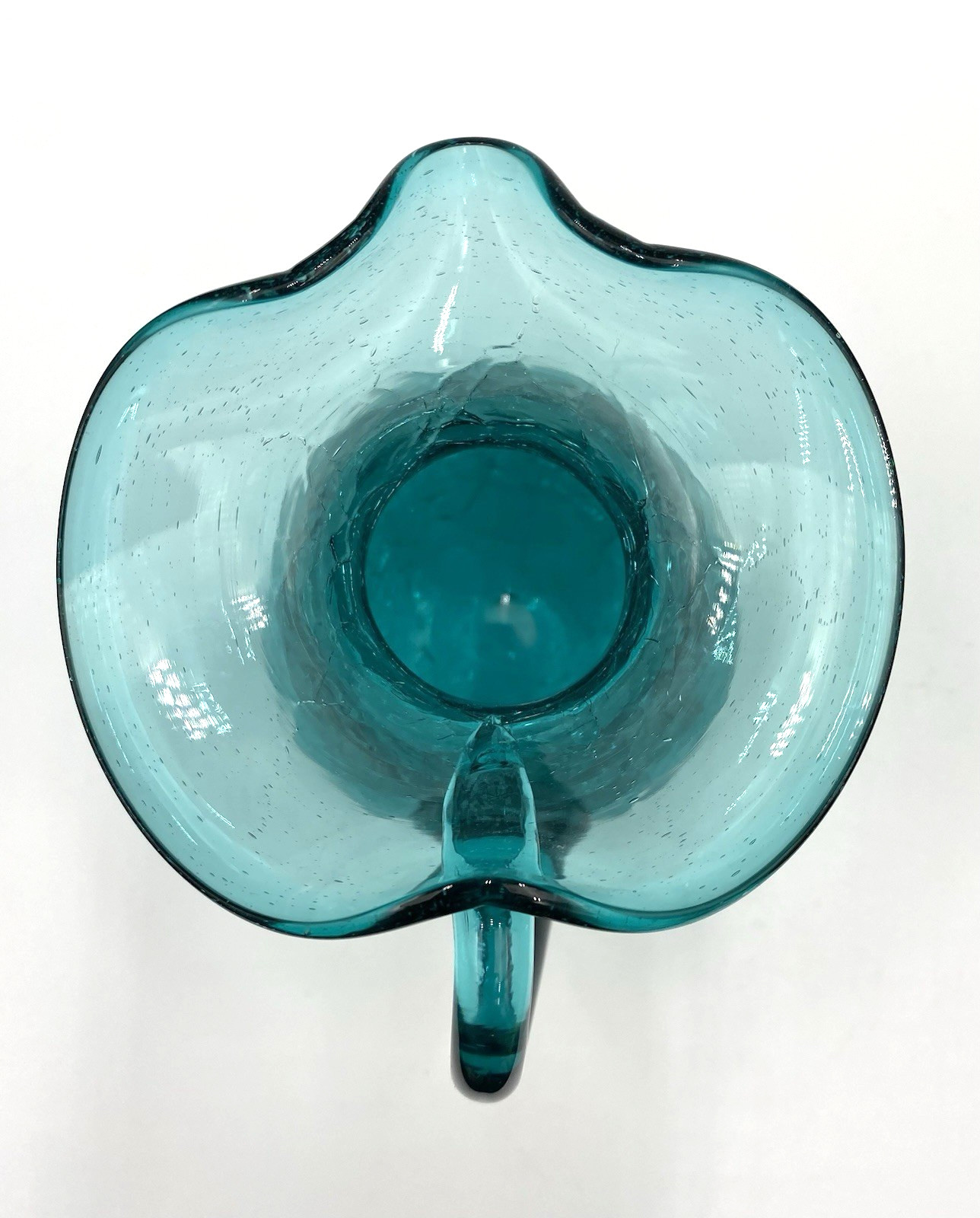 Vintage (1960s) MCM Rainbow Glass Co. Crackle Glass Pitcher, Teal, 4.25″ Tall