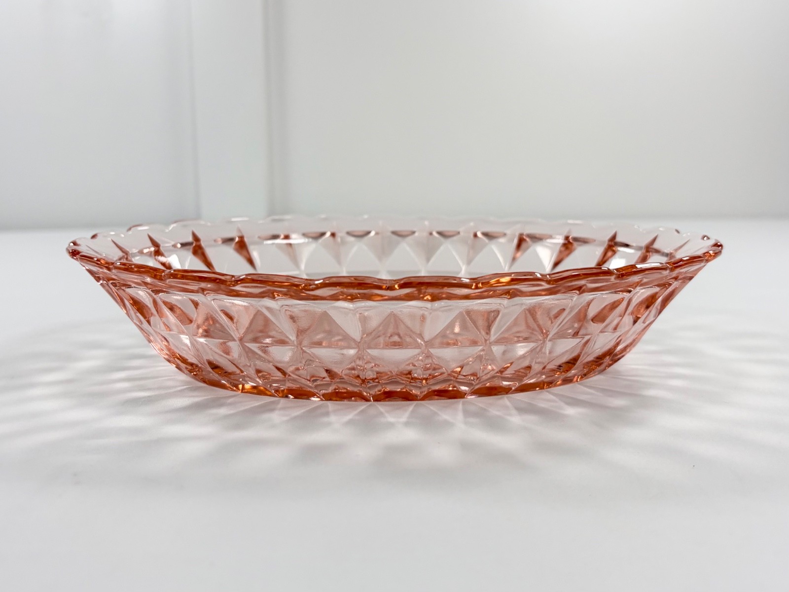 2 Vintage Jeannette Windsor Diamond Pink Depression Glass Oval Serving Bowls Set