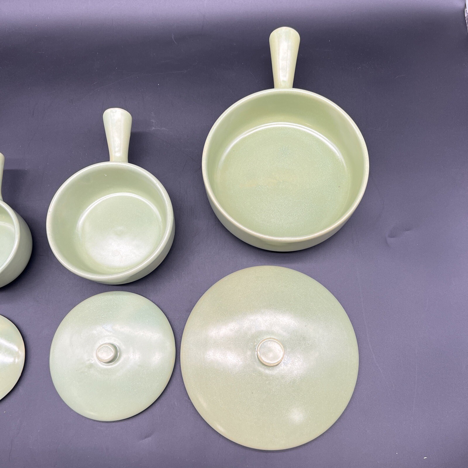 Vtg MCM La Solana Pottery Mint Green Set Of 3 Round Casserole Bowls Pots Lids