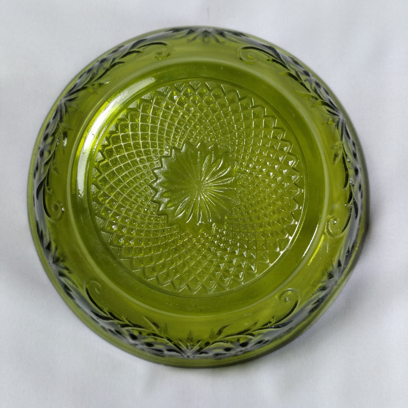 Vintage FTD 1979 Green Glass Serving Bowl Country Floral Pattern