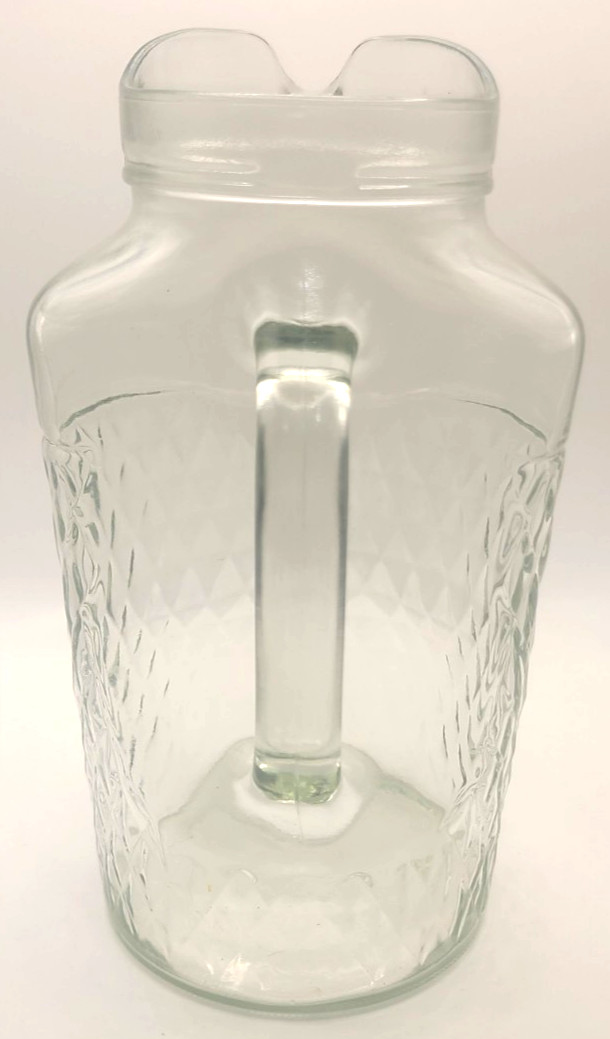 Vintage Clear Glass Pitcher Mid-Century Diamond Pattern Clear Recessed Handle