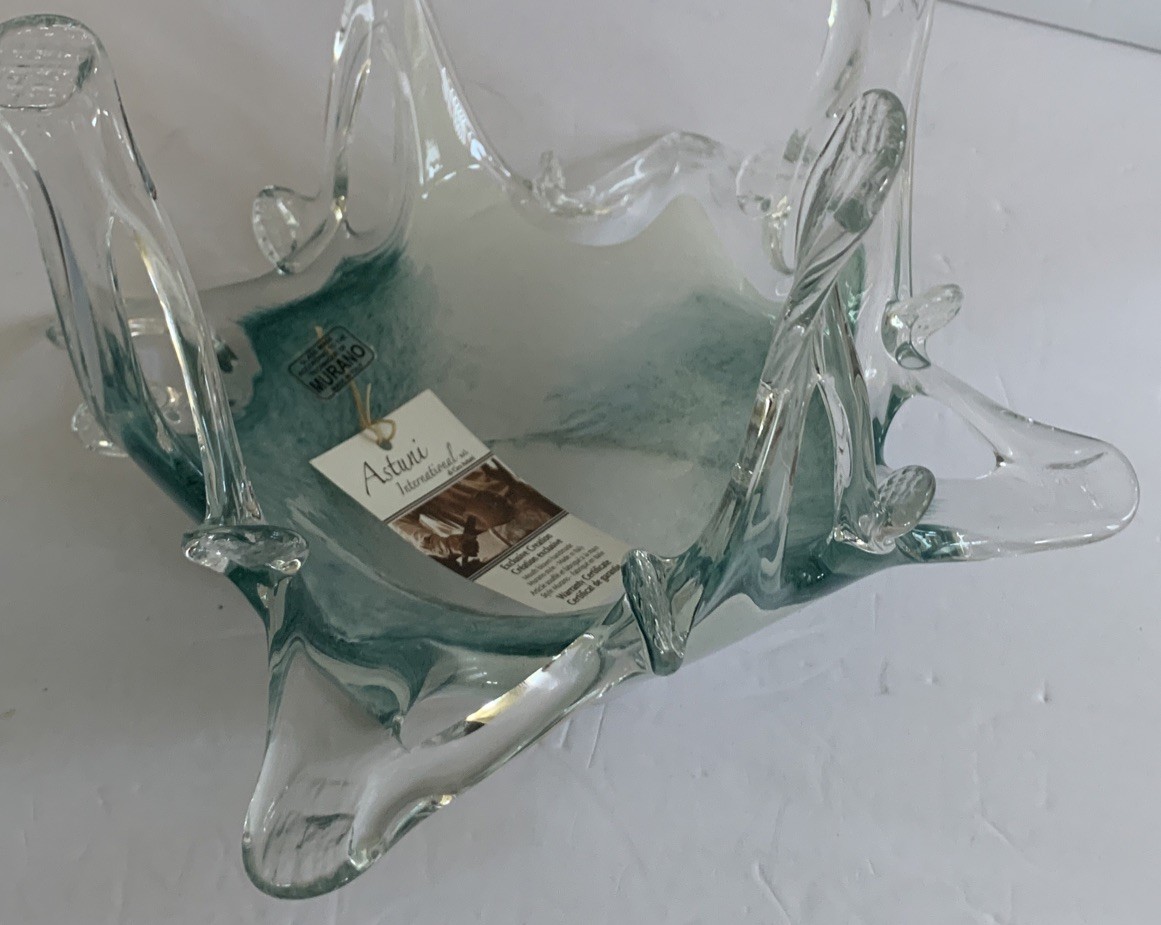 Murano Style Art Glass Mouth Blown Bowl Teal Aqua Blue White Exquisite All Tags