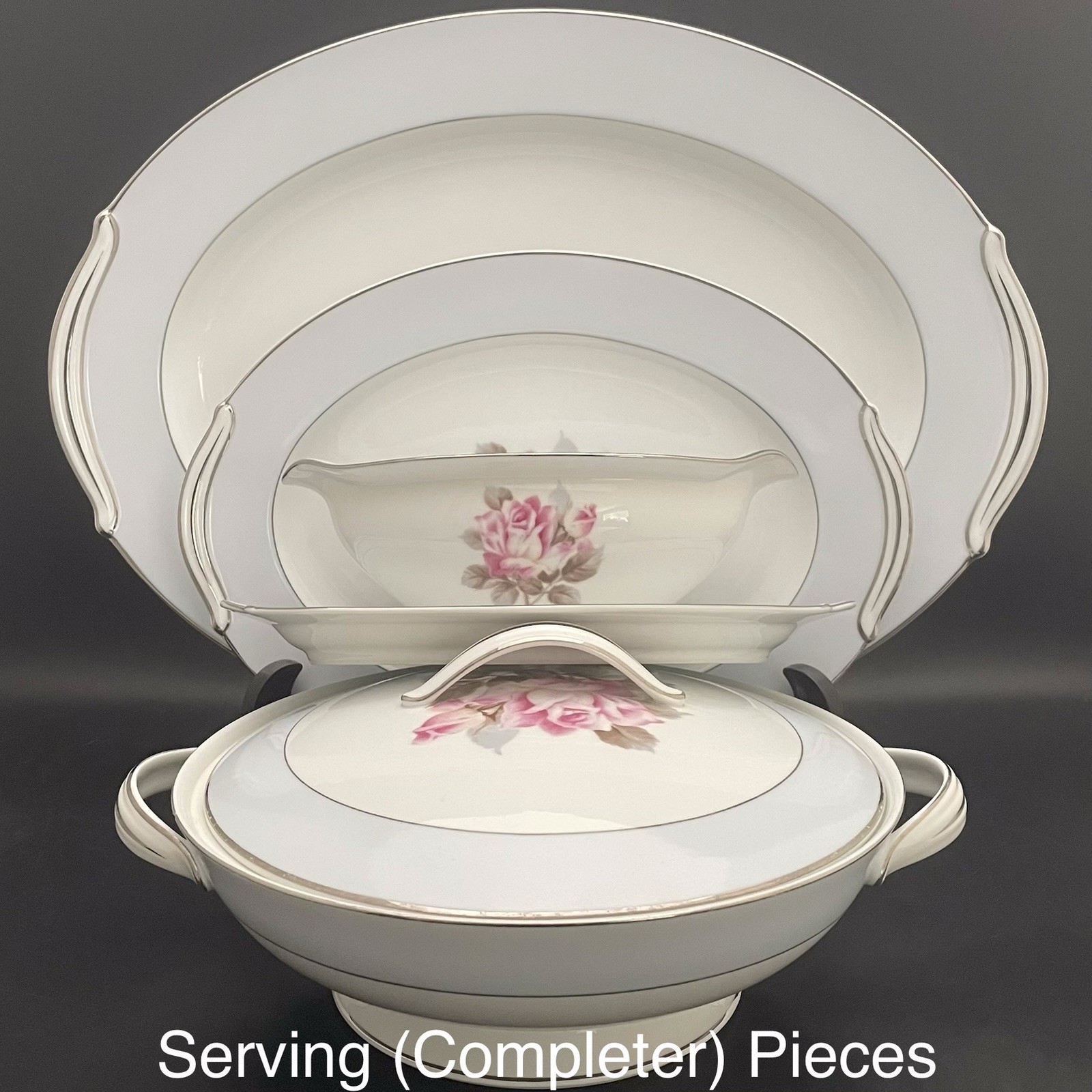Noritake Nippon Toki Kaisha 1584 Rose Blue Platinum 46pc Dinnerware for 6 c1947