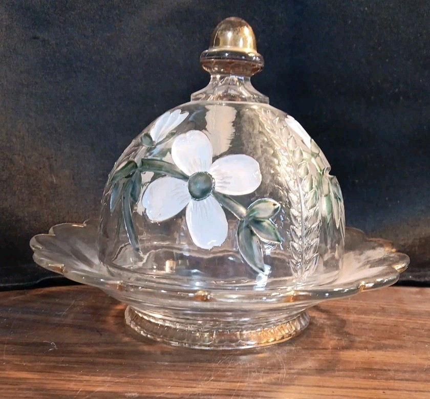 Vtg-EAPG Cooperative Flint Glass Art Navo Domed Butter Dish Paneled Dogwood 1905