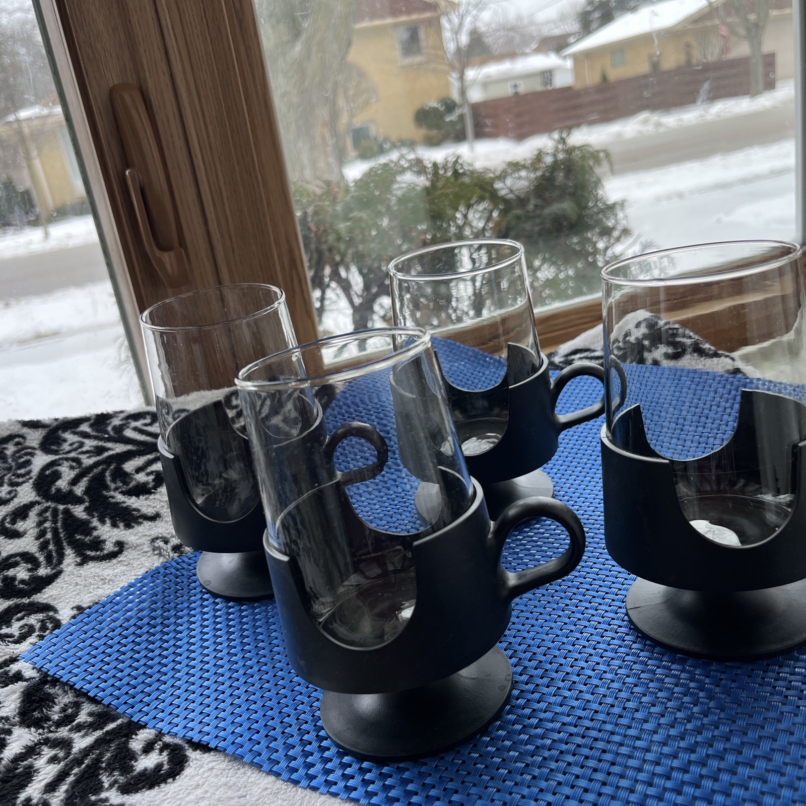 Vintage Glass Snap by Corning Black Handle Clear Glass 8oz Hot / Cold Lot of 4
