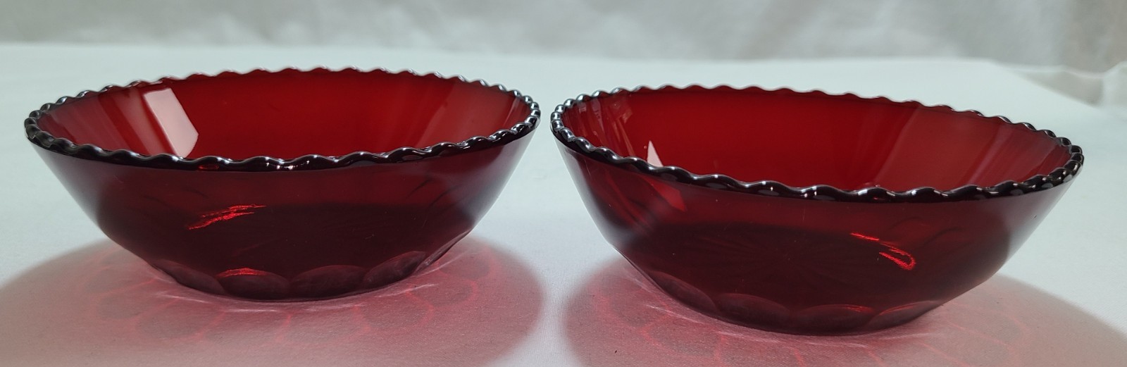 2 Vintage Ruby Red Anchor Hocking Berry Bowls Thumbprint Pattern Ruffled Edge