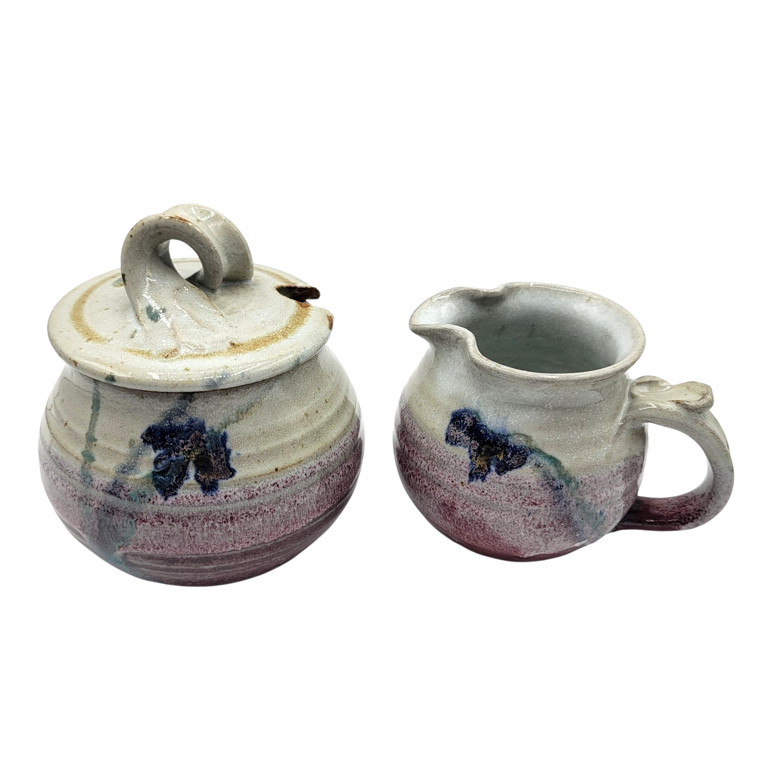 Studio Pottery Creamer Sugar Set Signed Purple Drip Glaze Blue Floral Stoneware