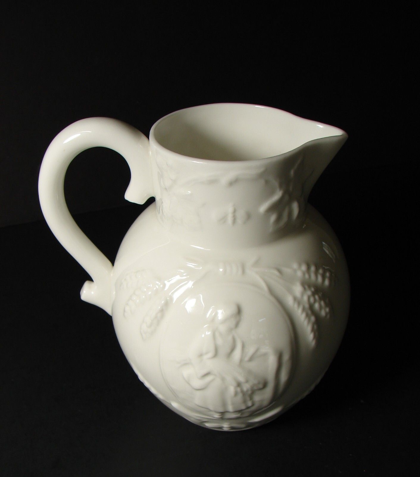 Minton Bone China Pitcher White Embossed Harvest Scene Vintage England 1940s