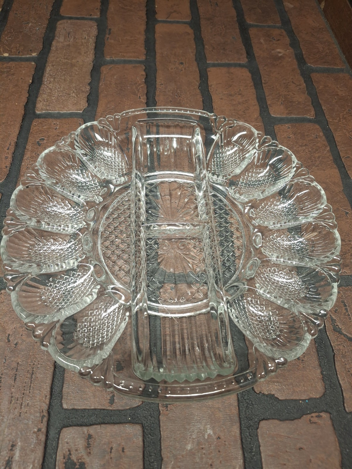 Vintage LE Smith Clear Heavy Glass Deviled 12 Egg Plate Relish Tray