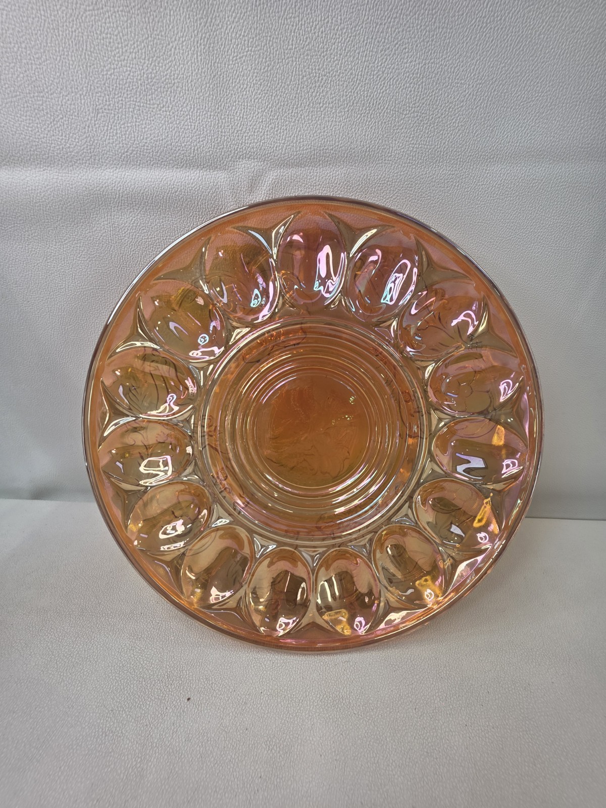 McKee Rock Crystal Marigold Carnival Glass Deviled Egg Plate 15 Well 11.5″