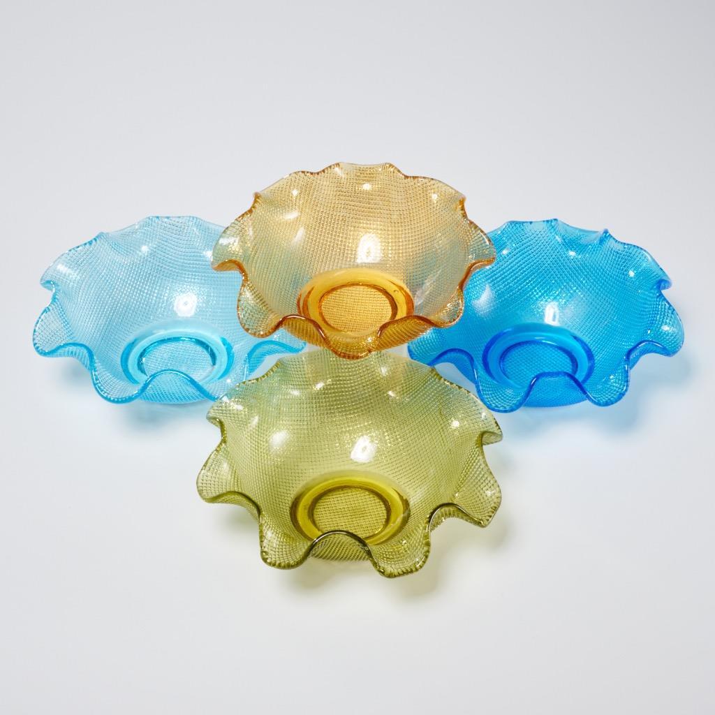 Colony Glass Cobalt Light Blue Yellow Amber Multicolor Ruffled Waffle Bowls MCM