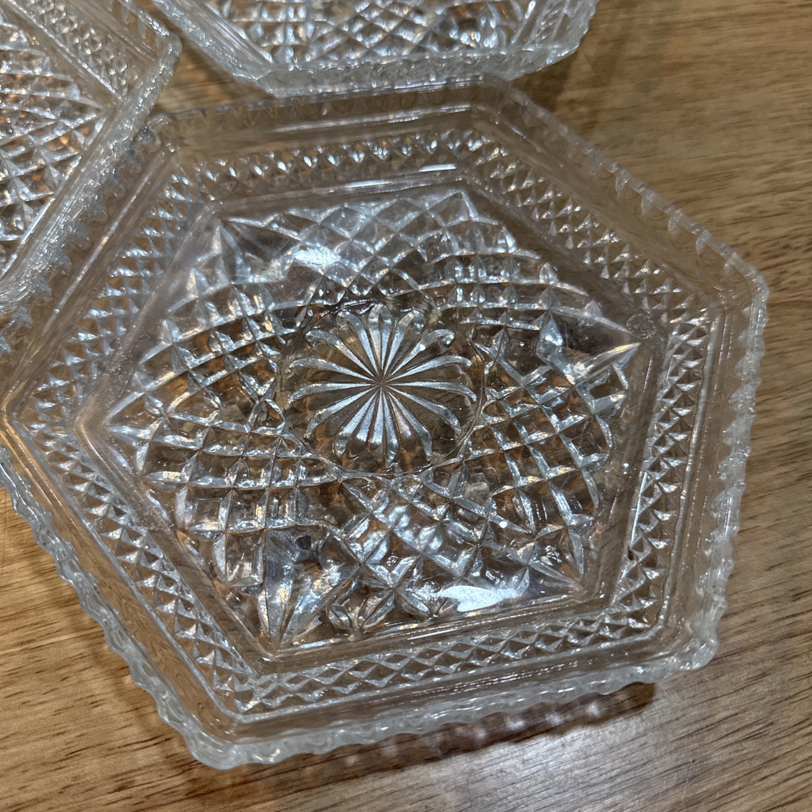 Anchor Hocking Wexford Diamond Glass Footed Hexagonal Shaped Dish Set of 3 ~1963