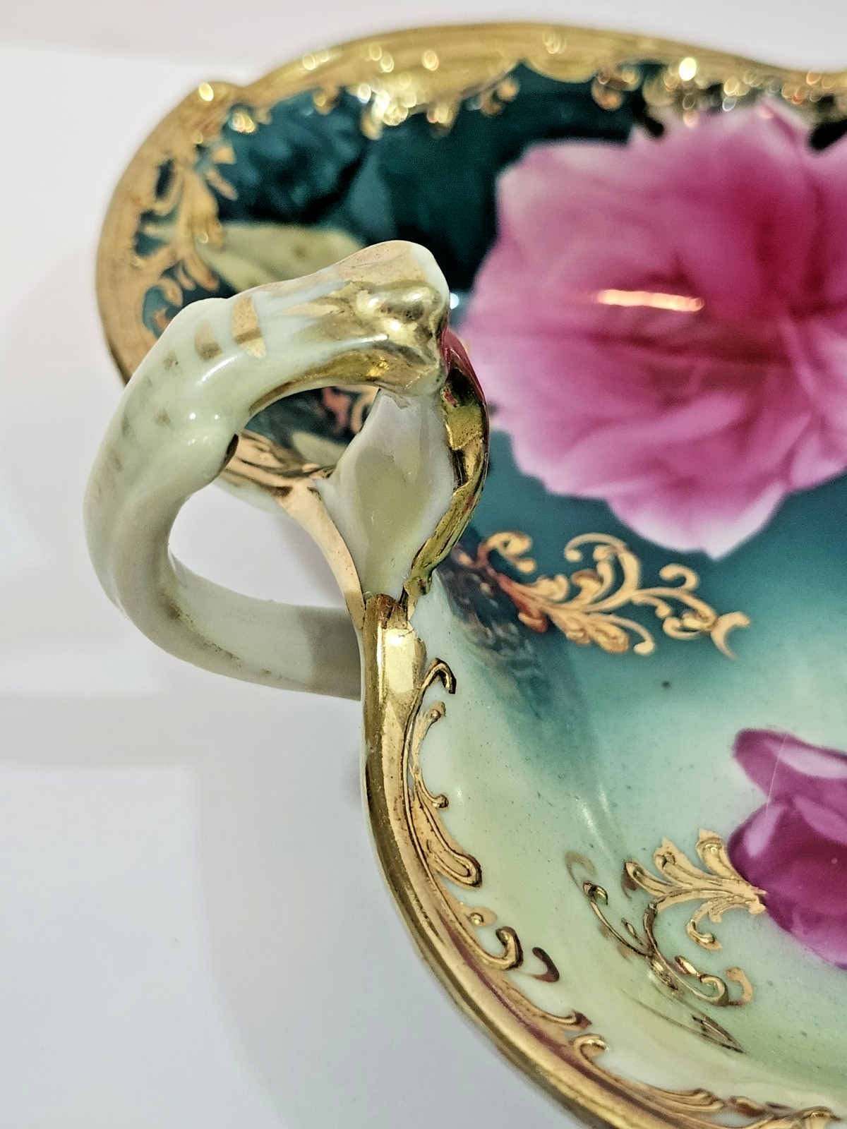 Antique Nippon Hand Painted Roses Nappy Candy Dish Lemon Server Teal Pink Gold