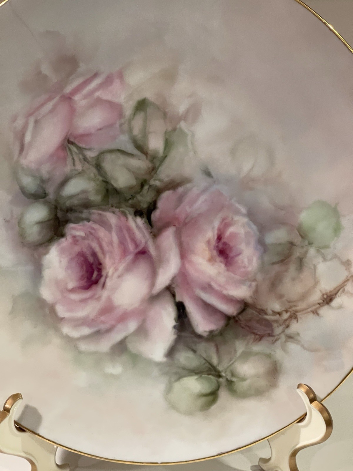 Hand Painted Plate Pink/Green Floral Roses Gold Rim Signed J. Deeter 10”