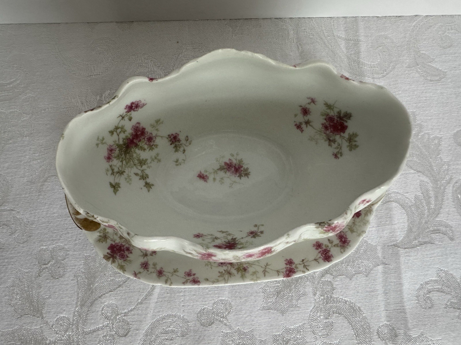 2pc Charles Field Haviland Limoges Embossed Sauce/Gravy Boat Pink Floral Sprays