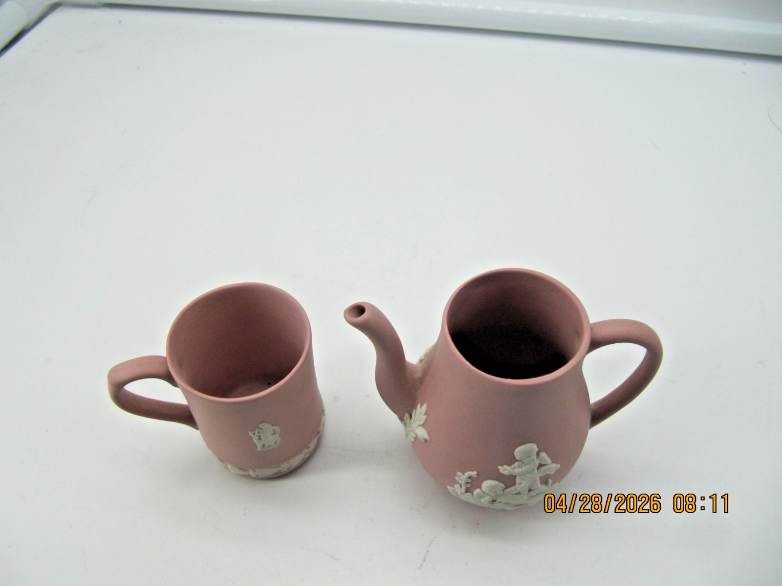 Wedgewood Minature Pink Jasperware Coffee Pot & Cup