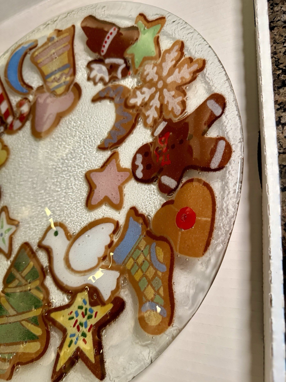 Peggy Karr Glass Serving Plate Platter Christmas Holiday Cookies 15.5” Tree Bell