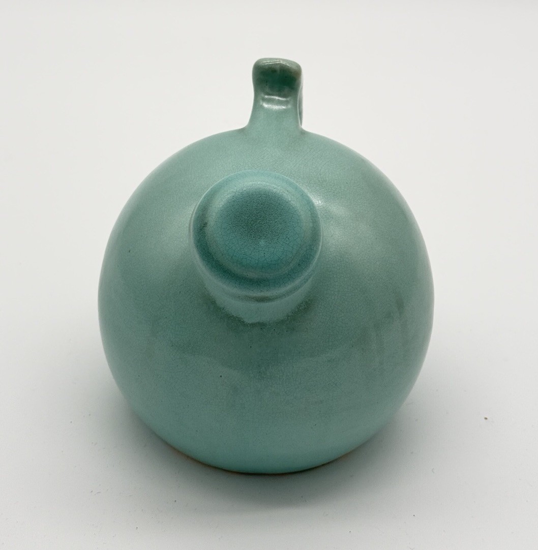 Vintage Art Deco Pottery Water Ball Pitcher Camark Teal Glazed Labels Cork 7″