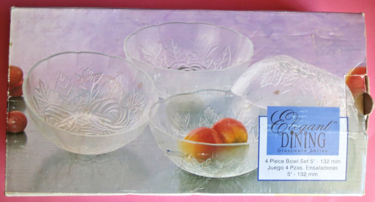 Elegant Dining Glassware Series ~ 4 Piece Glass Dessert Bowl Set ~ Rose ~ 5 inch