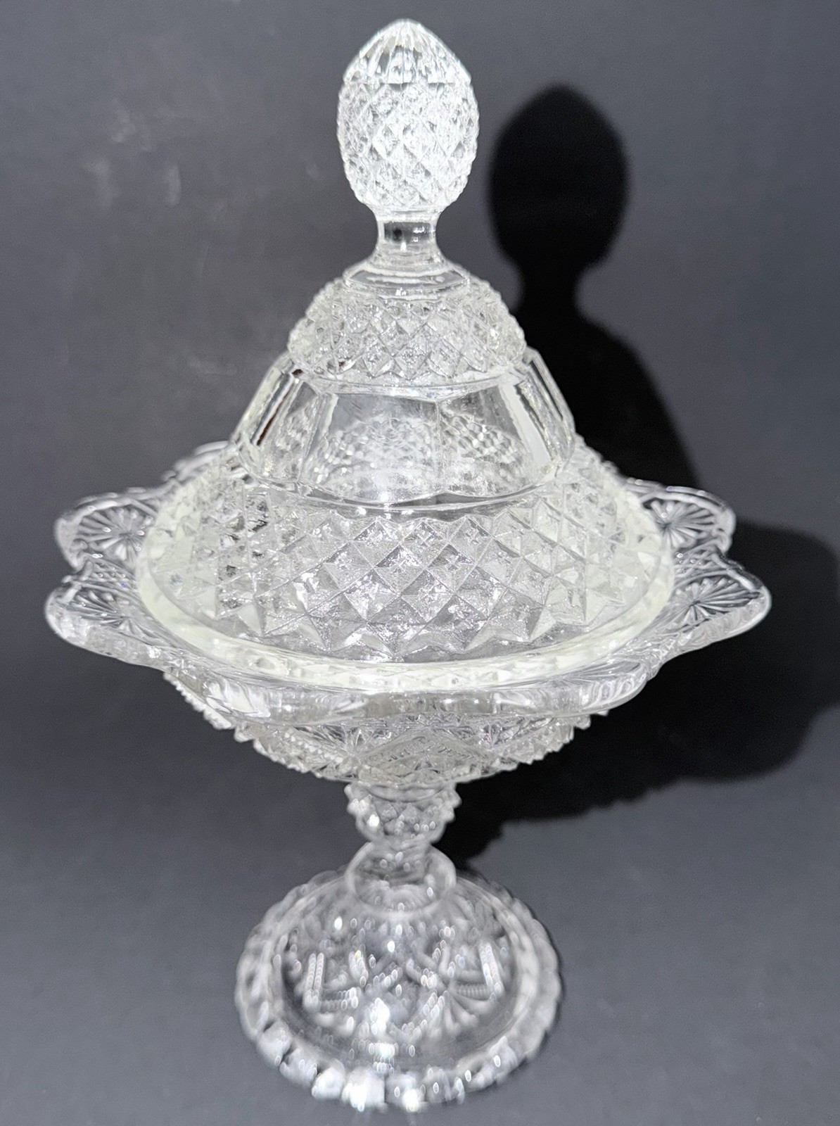 EAPG Clear Pressed Glass Covered Compote Diamond Fan Pineapple Finial UV365 Glow