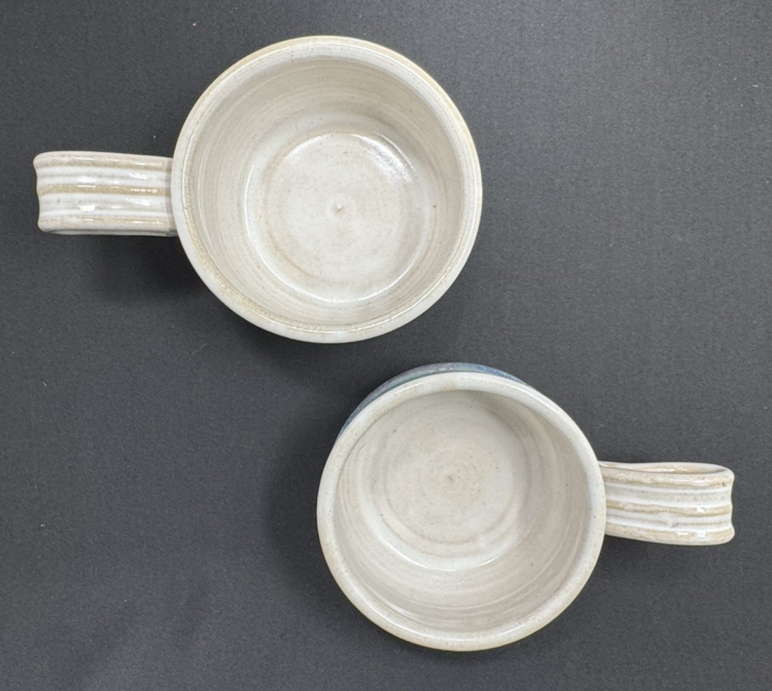 2 Small House Studio Pottery Soup Bowls ~ Drip Glaze ~ Handles ~ Sanger TX