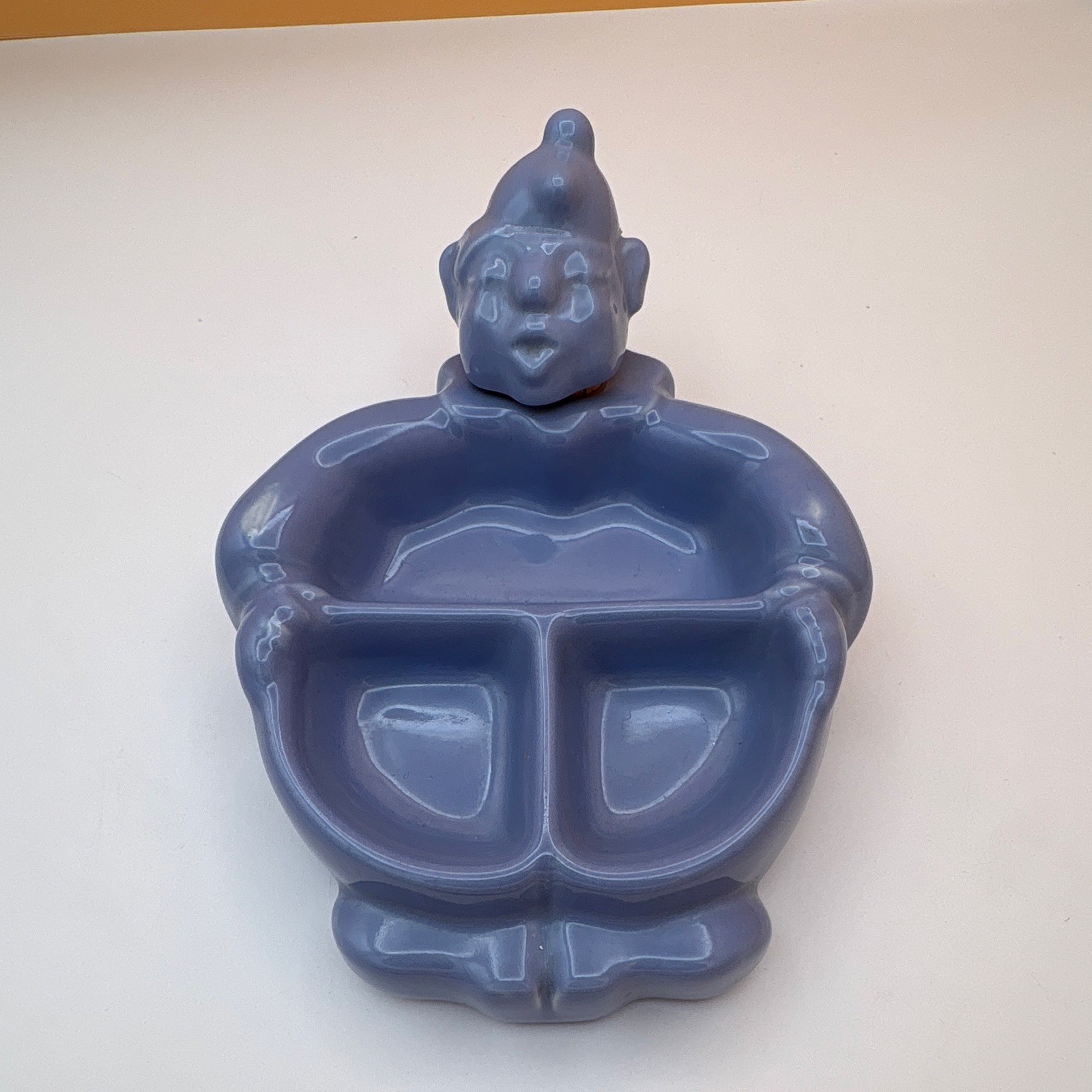 Hankscraft MCM Clown Ceramic Divided Dish Blue Glossy USA Model 969