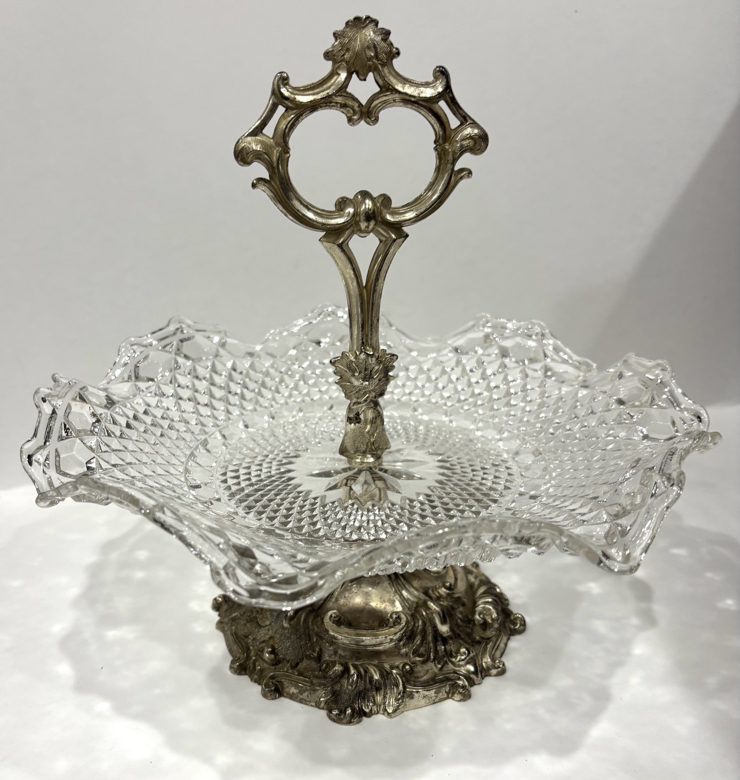 Vintage Bell Mark Silverplate Pressed Glass Pedestal Centerpiece Tidbit Dish